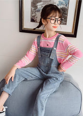 AO1023-49 طقم افرهول جينز + بلوزة مخططة