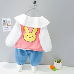 AO0111-22 طقم 3 قطع ( بلوزة مع قبة + فست + بنطلون جينز ناعم )