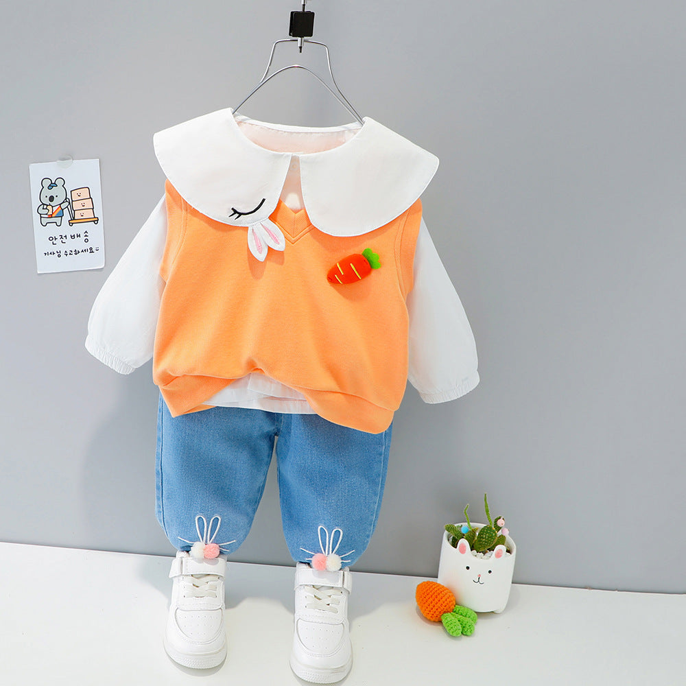 AO0111-22 طقم 3 قطع ( بلوزة مع قبة + فست + بنطلون جينز ناعم )