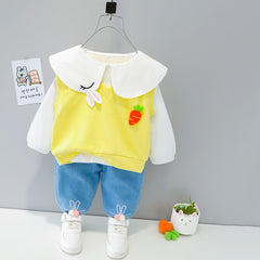 AO0111-22 طقم 3 قطع ( بلوزة مع قبة + فست + بنطلون جينز ناعم )