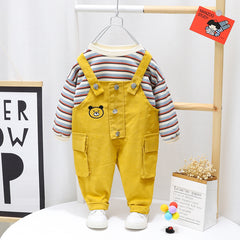 AO0111-45 طقم أفرهول (بلوزة مخططة + أفرهول كتان ناعم )