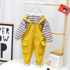 AO0111-45 طقم أفرهول (بلوزة مخططة + أفرهول كتان ناعم )