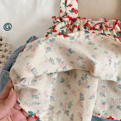 AO0507-60 طقم بناتي صيفي شورت بجي قطعتين ( بلوزة + شورت جينز)