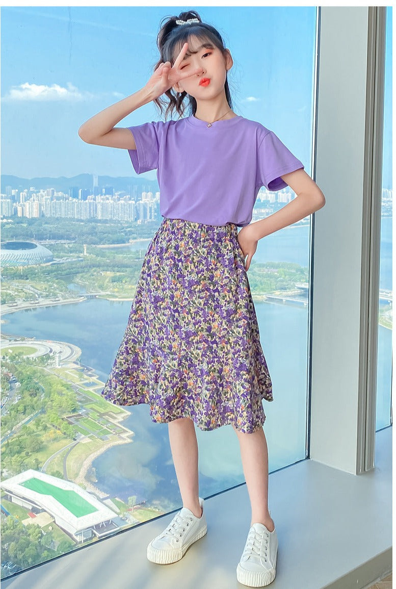 AO0507-78 طقم تنورة قطعتين ( بلوزة قطنية + تنورة موردة ناعمة )