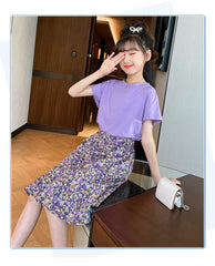 AO0507-78 طقم تنورة قطعتين ( بلوزة قطنية + تنورة موردة ناعمة )