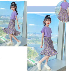 AO0507-78 طقم تنورة قطعتين ( بلوزة قطنية + تنورة موردة ناعمة )