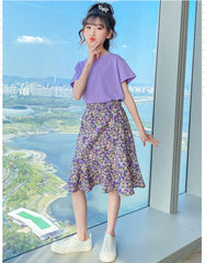 AO0507-78 طقم تنورة قطعتين ( بلوزة قطنية + تنورة موردة ناعمة )