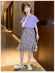 AO0507-78 طقم تنورة قطعتين ( بلوزة قطنية + تنورة موردة ناعمة )