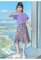 AO0507-78 طقم تنورة قطعتين ( بلوزة قطنية + تنورة موردة ناعمة )