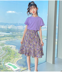 AO0507-78 طقم تنورة قطعتين ( بلوزة قطنية + تنورة موردة ناعمة )