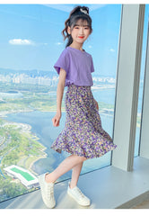 AO0507-78 طقم تنورة قطعتين ( بلوزة قطنية + تنورة موردة ناعمة )