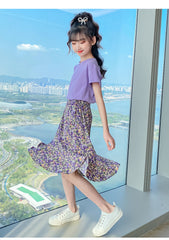 AO0507-78 طقم تنورة قطعتين ( بلوزة قطنية + تنورة موردة ناعمة )