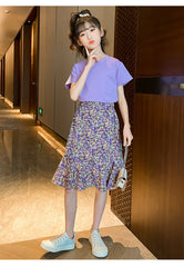 AO0507-78 طقم تنورة قطعتين ( بلوزة قطنية + تنورة موردة ناعمة )