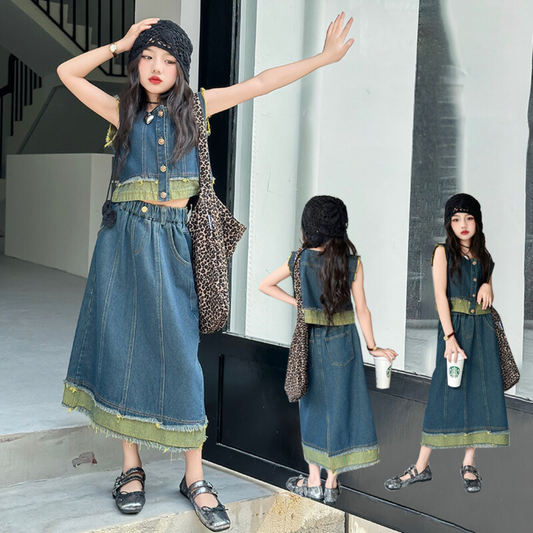 RM150424-29 طقم بناتي جينز صيفي قطعتين ( بلوزة + تنورة )