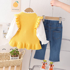 AO0508-34 طقم 3 قطع ( قميص + فست صوف+ بنطلون جينز ناعم)