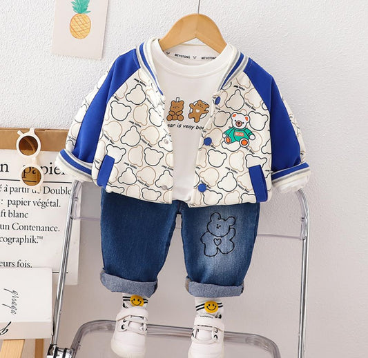 AS-3002B طقم ولادي 3 قطع ( بلوزة قطنية + جكيت + بنطلون جينز ناعم)