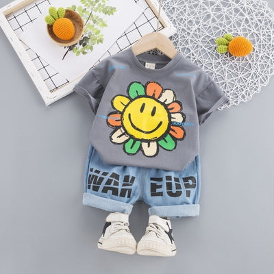 AO1128-83 طقم جينز بناتي قطعتين ( بلوزة قطنية + شورت جينز)