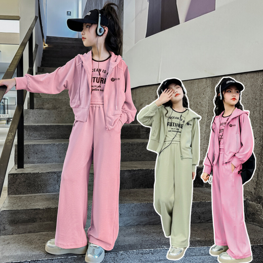 RM150424-3 طقم بناتي سبورت 3 قطع ( بلوزة + جكيت + بنطلون)