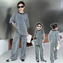 RM150424-32 طقم بناتي بلمع مزين بالبرق قطعتين ( بلوزة + بنطلون)