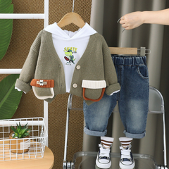 SSX220824-166 طقم ولادي 3 قطع ( جكيت صوف+ بلوزة قطنية + بنلطون جينز )