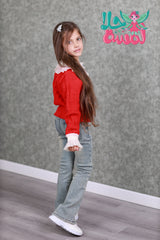 RM171223-8 طقم بناتي شتوي قطعتين ( بلوز صوف + بنطلون جينز مبطن فرو )