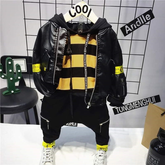 SA-019 طقم فخم 3 قطع ( جكيت جلد + بلوزة قطنية + بنطلون )