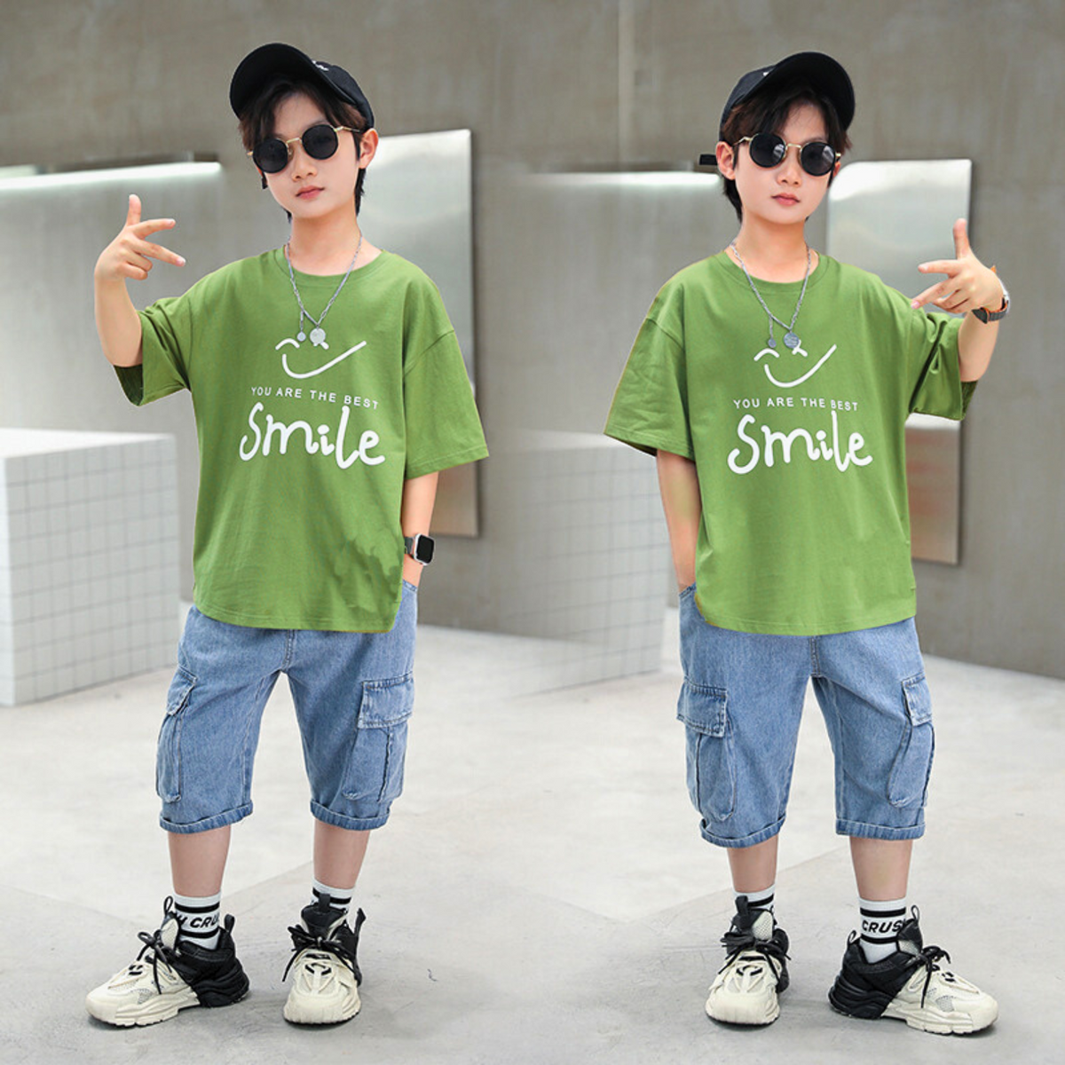 FU14042024-14 طقم ولادي صيفي قطعتين ( بلوزة + بنطلون جينز)