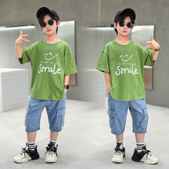 FU14042024-14 طقم ولادي صيفي قطعتين ( بلوزة + بنطلون جينز)