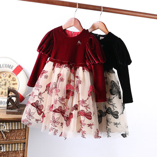 AO0519-75 فستان مخمل تقيل ومزين بالفراشات