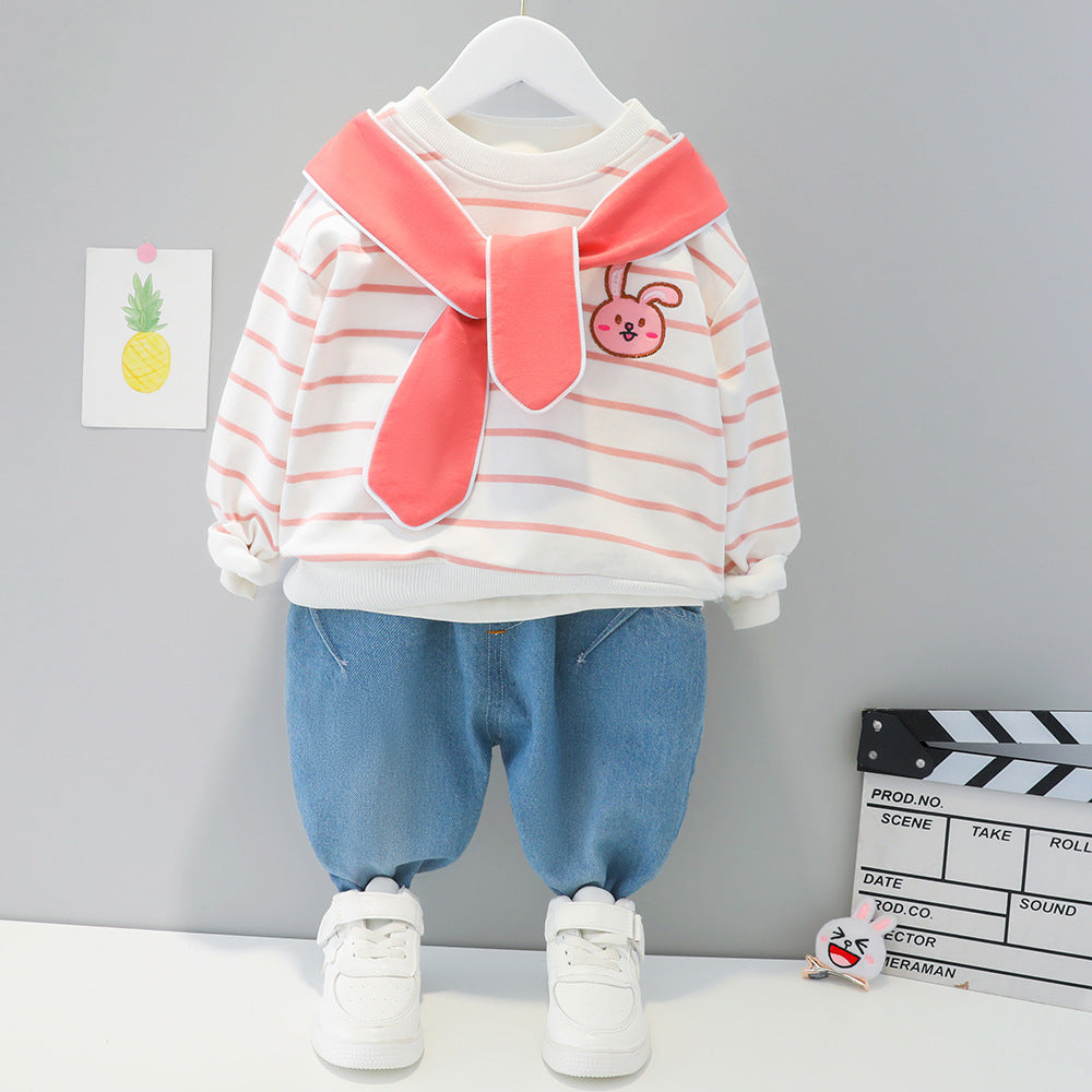 AS-1558B طقم بناتي قطعتين ( بلوزة مع لفحتها + بنطلون جينز)