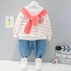 AS-1558B طقم بناتي قطعتين ( بلوزة مع لفحتها + بنطلون جينز)