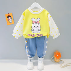 AS-1703G طقم ارنوب خريفي ربيعي قطعتين ( بلوزة + بنطلون مزين بالشفون)