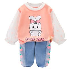 AS-1703G طقم ارنوب خريفي ربيعي قطعتين ( بلوزة + بنطلون مزين بالشفون)