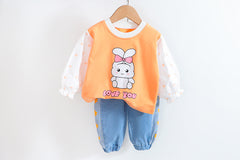 AS-1703G طقم ارنوب خريفي ربيعي قطعتين ( بلوزة + بنطلون مزين بالشفون)