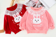 AS-1704G طقم ارنوب قطني قطعتين ( بلوزة مزينة بالشيفون + بنطلون)