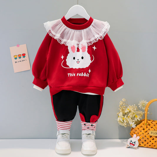 AS-1704G طقم ارنوب قطني قطعتين ( بلوزة مزينة بالشيفون + بنطلون)