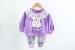 AS-1704G طقم ارنوب قطني قطعتين ( بلوزة مزينة بالشيفون + بنطلون)