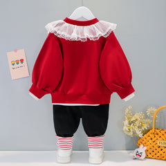 AS-1704G طقم ارنوب قطني قطعتين ( بلوزة مزينة بالشيفون + بنطلون)