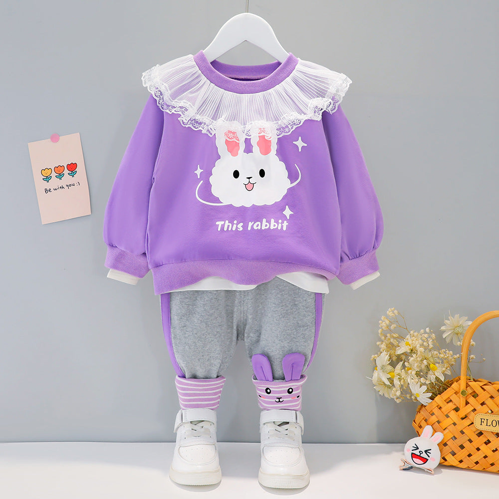 AS-1704G طقم ارنوب قطني قطعتين ( بلوزة مزينة بالشيفون + بنطلون)