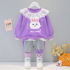 AS-1704G طقم ارنوب قطني قطعتين ( بلوزة مزينة بالشيفون + بنطلون)