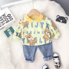 AS-2104B طقم جينز ولادي قطعتين ( بلوزة قطنية + بنطلون جينز ناعم)