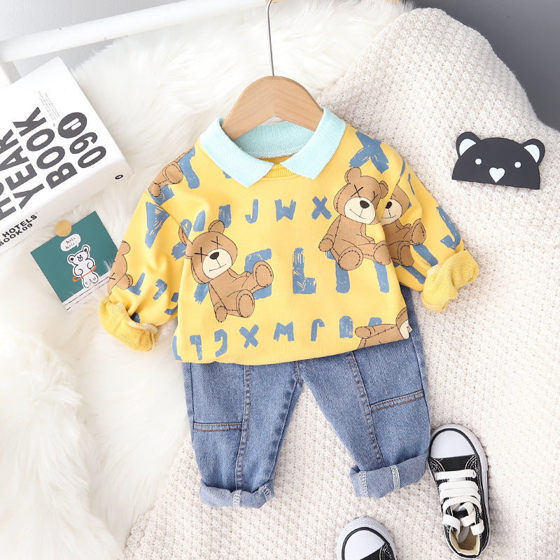 AS-2104B طقم جينز ولادي قطعتين ( بلوزة قطنية + بنطلون جينز ناعم)