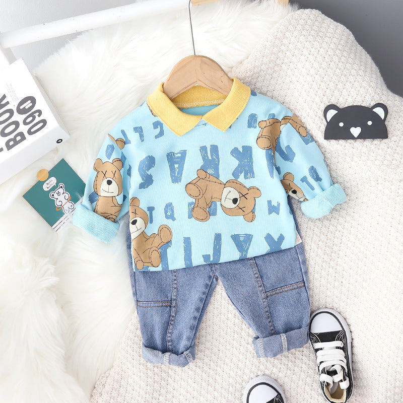 AS-2104B طقم جينز ولادي قطعتين ( بلوزة قطنية + بنطلون جينز ناعم)