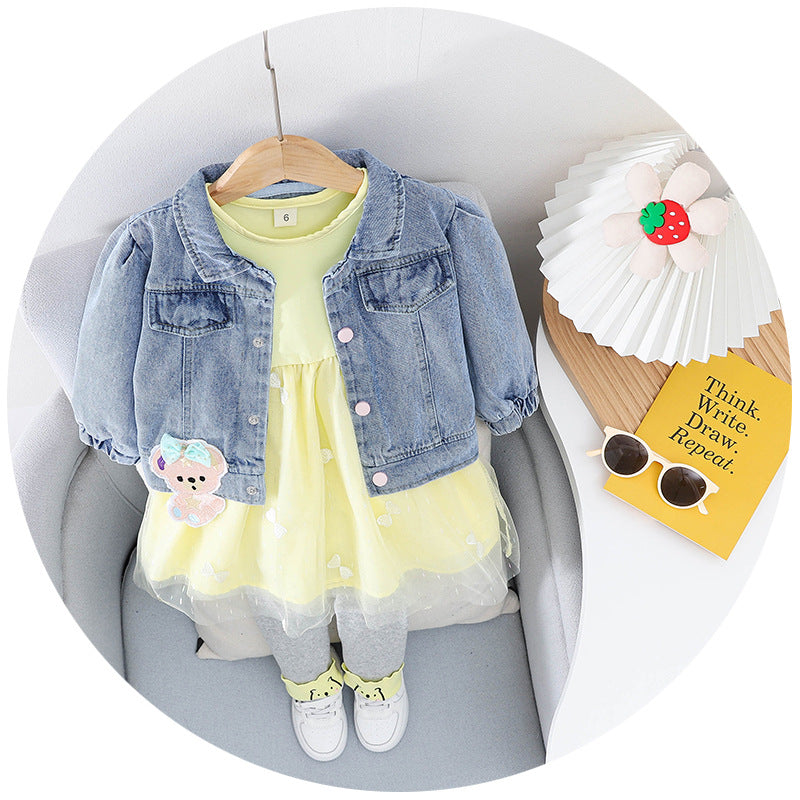 AS-2218G طقم 3 قطع ( فستان كم كامل + جاكيت جينز + فيزون قطني) خريفي وربيعي دافئ