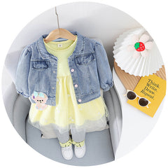 AS-2218G طقم 3 قطع ( فستان كم كامل + جاكيت جينز + فيزون قطني) خريفي وربيعي دافئ