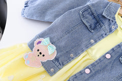 AS-2218G طقم 3 قطع ( فستان كم كامل + جاكيت جينز + فيزون قطني) خريفي وربيعي دافئ