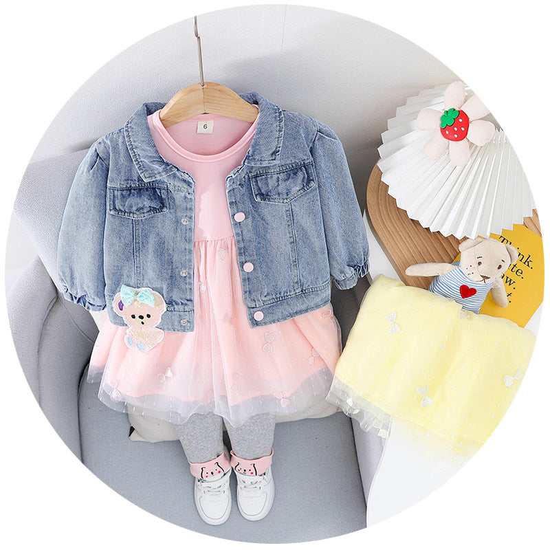 AS-2218G طقم 3 قطع ( فستان كم كامل + جاكيت جينز + فيزون قطني) خريفي وربيعي دافئ