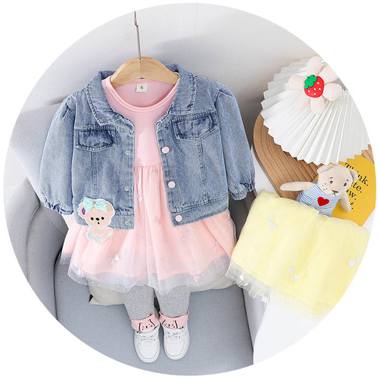 AS-2218G طقم 3 قطع ( فستان كم كامل + جاكيت جينز + فيزون قطني) خريفي وربيعي دافئ