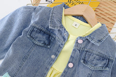 AS-2218G طقم 3 قطع ( فستان كم كامل + جاكيت جينز + فيزون قطني) خريفي وربيعي دافئ