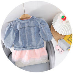 AS-2218G طقم 3 قطع ( فستان كم كامل + جاكيت جينز + فيزون قطني) خريفي وربيعي دافئ